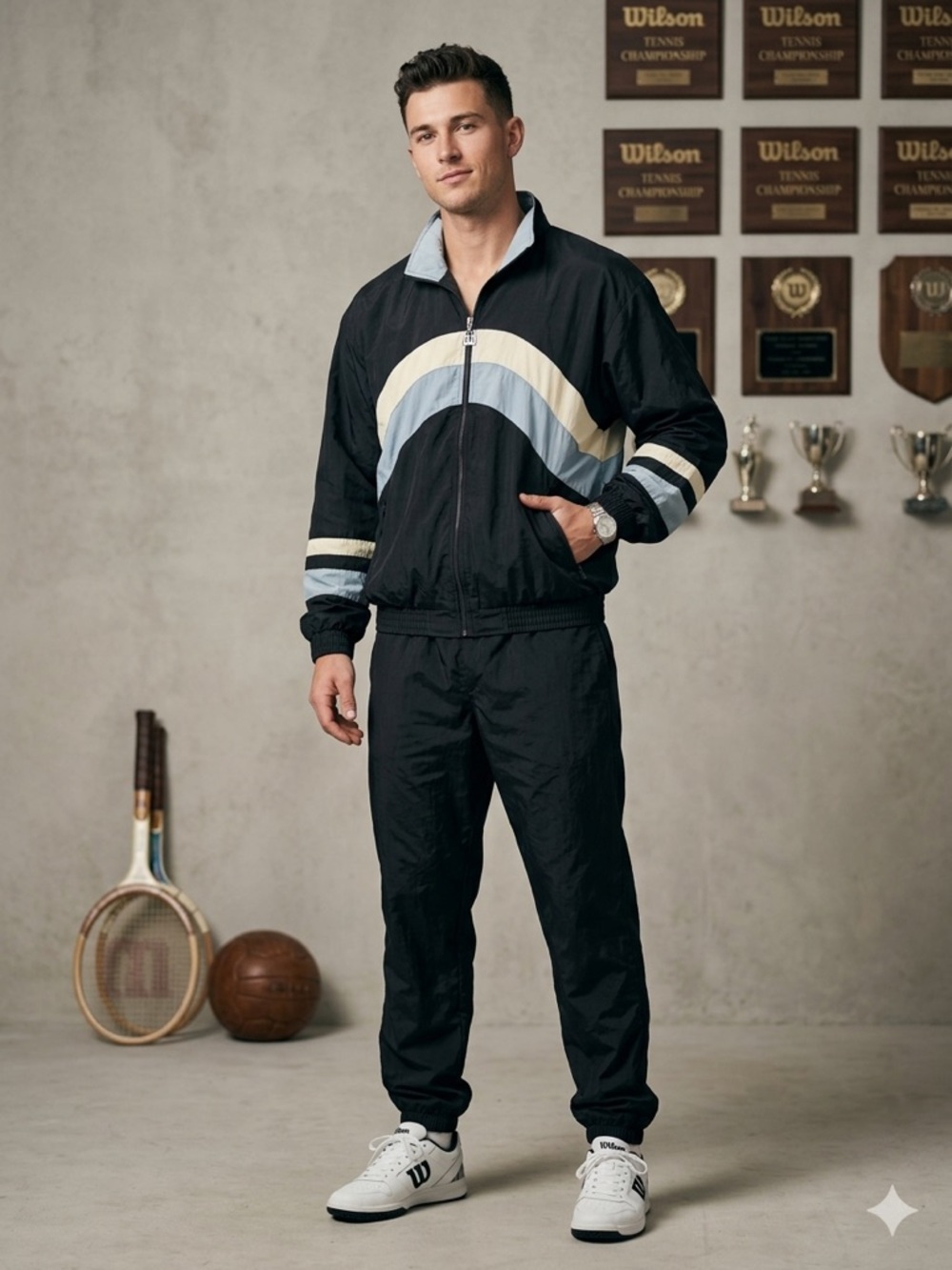 Wilson Black Windbreaker with Blue and Cream Stripes